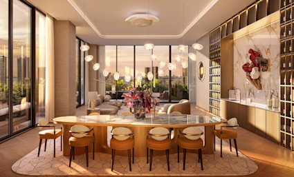 Luxury private dining room with marble oval table, leather chairs, globe pendant lights, wine wall, and floor-to-ceiling sunset city views.