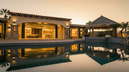 Stunning luxury villa at sunset with illuminated open-air living spaces, infinity pool, and thatched palapa gazebo amid tropical palms.