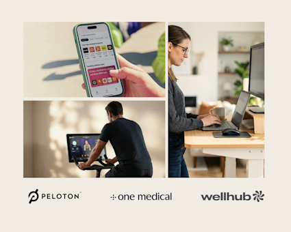 Pacaso summary of benefits with someone holding a smartphone, a man on a Peloton stationary bike and a woman at a standing desk working on a computer. 