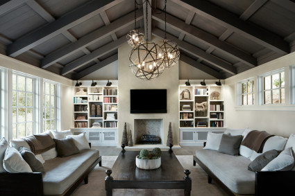 dark toned modern living room with two couches