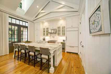 A kitchen with a central island and bar stools, providing a functional and stylish space for cooking and dining