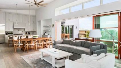 Open living room and kitchen of a second home on Sullivan's Island