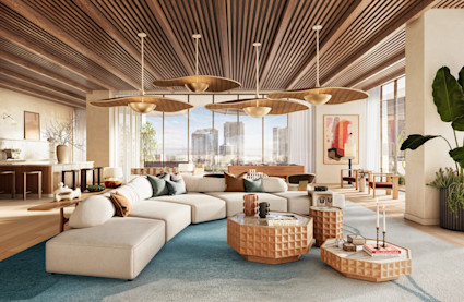 Spacious amenity lounge with cream sectional, sculptural wood coffee tables, slatted ceiling, brass pendants, and panoramic city skyline views.