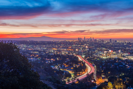 Dawn from the Hollywood Bowl Overlook in Los Angeles, California