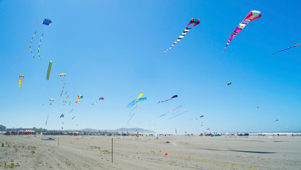 Kites fly off the flat sand of Long Beach, one of the best beaches for kids on the West Coast.