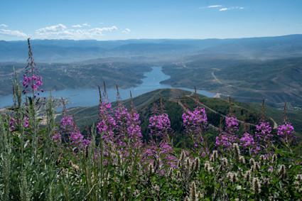 A captivating landscape view from a high vantage point in Park City, with vibrant wildflowers in the foreground and expansive rolling hills and mountains in the distance. The image conveys a sense of tranquility and emerging luxury, perfectly representing the allure of undiscovered vacation destinations for 2025.