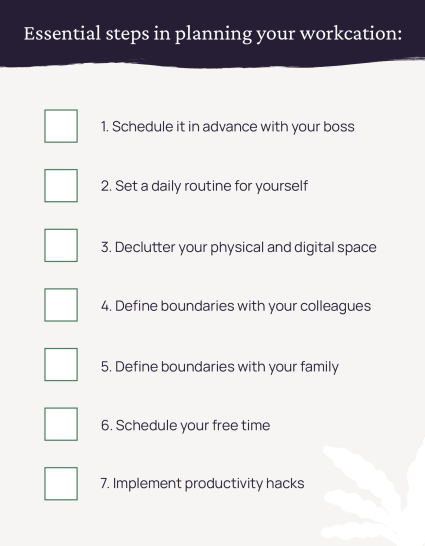 A checklist lists seven steps for planning a workcation.