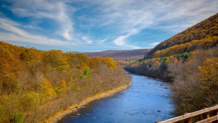 A stream cuts through the rolling hills of Jim Thorpe, Pennsylvania, providing multiple activities for pet-friendly vacations.