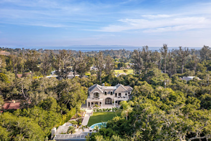 A birds-eye view of Valley Estate in Montecito highlights privacy, landscaped grounds and a pool, ideal for a restorative winter wellness routine.