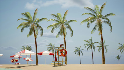 A serene Palm Beach beach scene featuring palm trees, a lifeguard chair, and beach umbrellas under a clear blue sky. This visually clean, inviting image evokes the effortless, carefree lifestyle ideal for jet-setters seeking safe, low-maintenance luxury in a lock-and-leave destination.