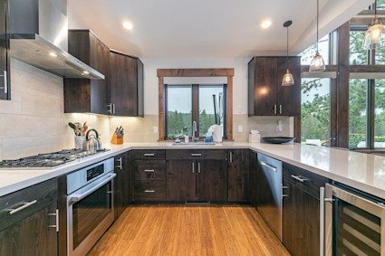 Sunlit kitchen at Fairway Crossing in Truckee, a natural fit for winter and spring hosting after ski days in North Lake Tahoe.