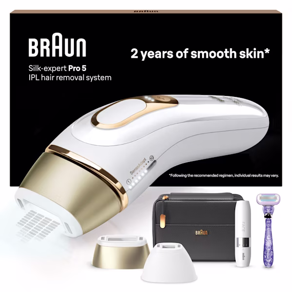 Centered IPL device, with black pouch, two attachments, Venus Extra smooth razo and Mini Face Shaver.