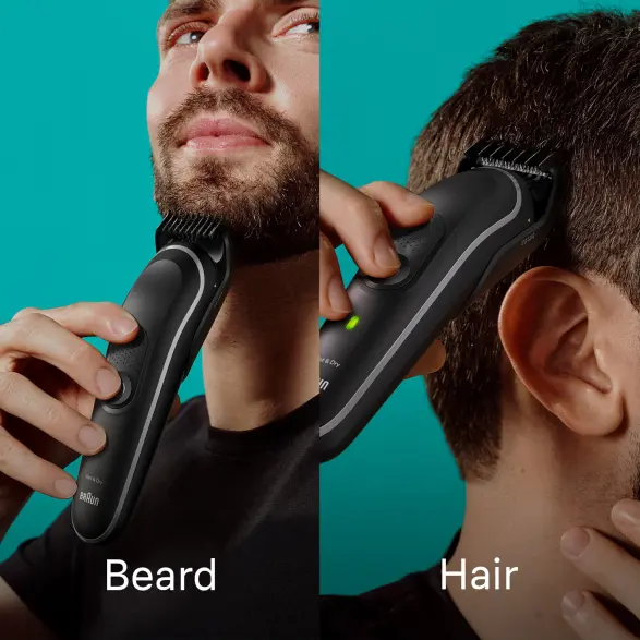 Man using product on beard. Man using product on hair.