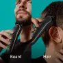 Man using product on beard. Man using product on hair.