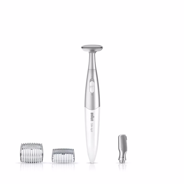 Braun Silk-épil 3-in-1 trimmer FG1100 with two trimming combs on the left and high-precision head on the right; top-right circle text: “4 extras”. Braun Silk-épil 3-in-1 trimmer FG1100 with two trimming combs on the left and high-precision head on the right; top-right circle text: “4 extras”.