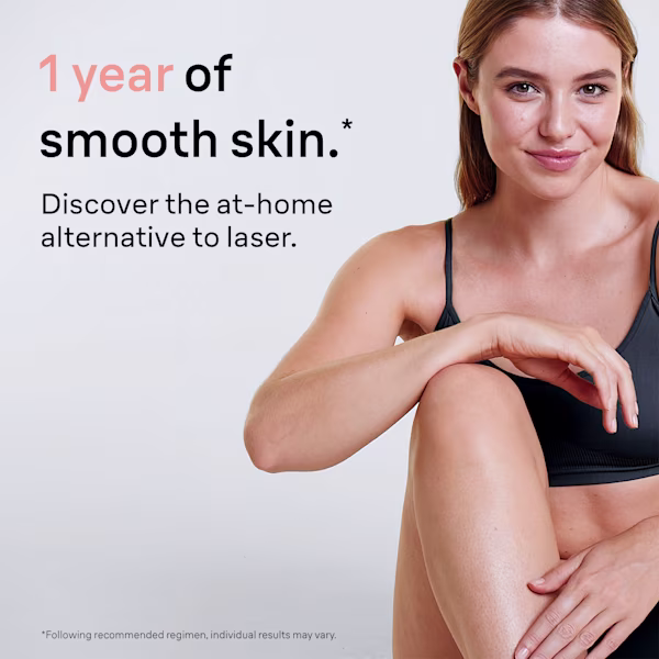 Skin appreciation shot of a woman in a sitting pose after using Braun IPL Mini