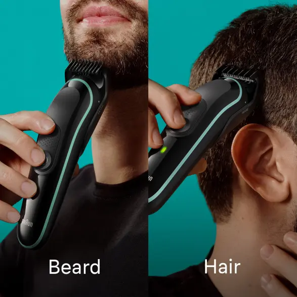 Man using product on beard. Man using product on hair.