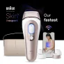 Centered IPL device, behind it a beige vanity pouch, a mobile device with Skin i·expert app and four attachments