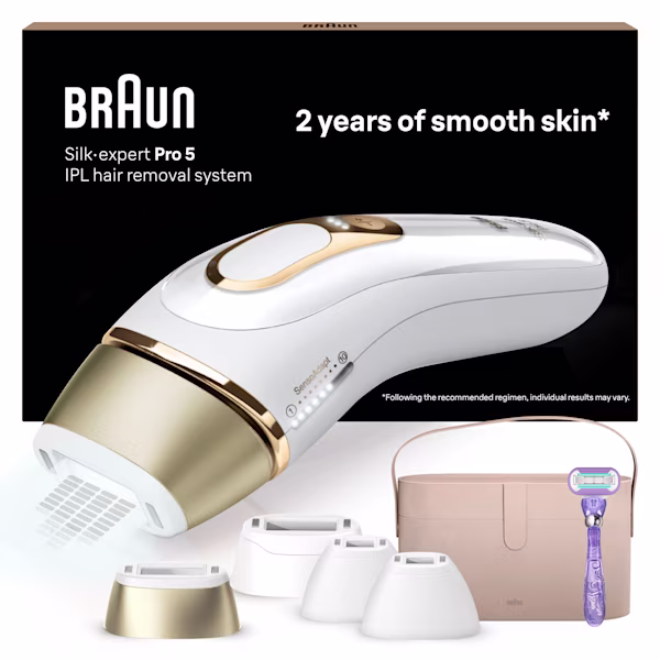 Centered IPL device, with beige vanity pouch, four attachments and Venus Extra smooth razor. Centered IPL device, with beige vanity pouch, four attachments and Venus Extra smooth razor.