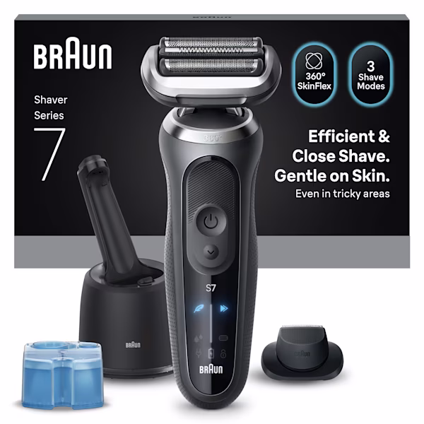 Image of Series 7 G7200cc shaver set with 4in1 SmartCare center, a cartridge and a Precision trimmer attachment. Image of Series 7 G7200cc shaver set with 4in1 SmartCare center, a cartridge and a Precision trimmer attachment.