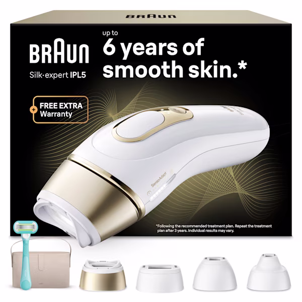 Braun Silk·expert Pro 5 in front of of packaging with vanity case, SmartFlex, intimate, mini precision and standard head, and Venus razor. Braun Silk·expert Pro 5 in front of of packaging with vanity case, SmartFlex, intimate, mini precision and standard head, and Venus razor.