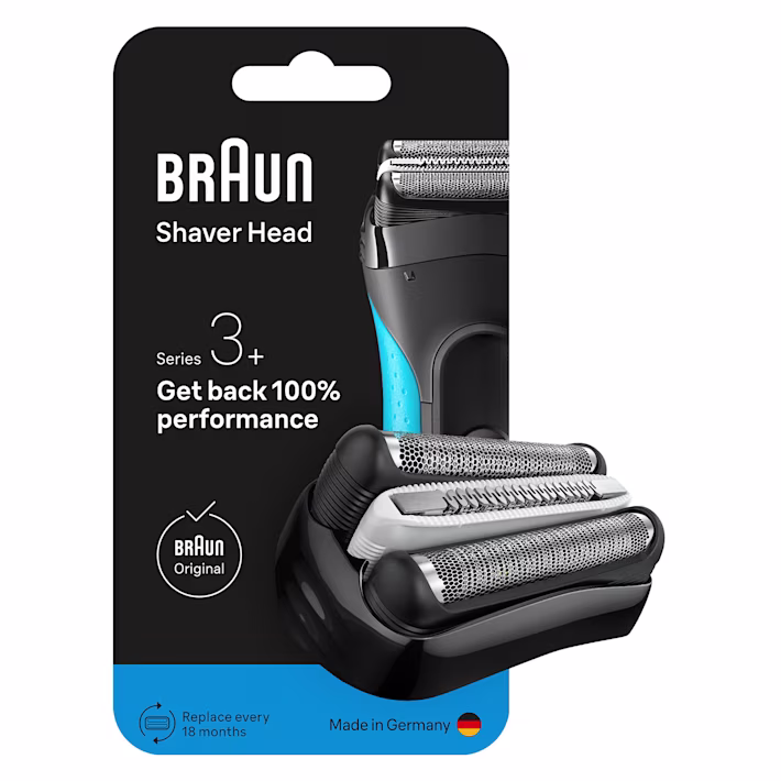 Braun Series 3+ replacement shaver head packaging, with shaver head in front of it Braun Series 3+ replacement shaver head packaging, with shaver head in front of it