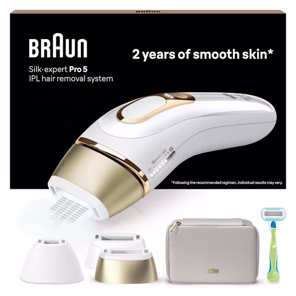 Centered IPL device, with grey pouch, three attachments and Venus Extra smooth razor.