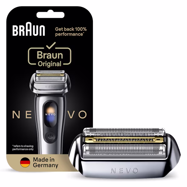 Braun NEVO-S replacement shaver head in packaging, restores 100% performance, made in Germany. Braun NEVO-S replacement shaver head in packaging, restores 100% performance, made in Germany.