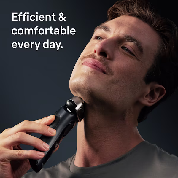 A man shaving with a Series 8 shaver. Text reads: Efficient and comfortable everyday. מכונת גילוח Electric Shaver Series 8 8603s מבית Braun