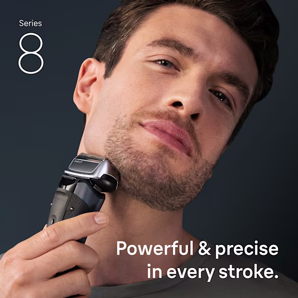 Man shaving his face with a Braun Series 8 electric shaver. Series 8 Powerful & precise in every stroke.