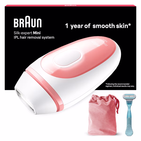 Centered IPL device, with red beauty bag and Venus Smooth razor.