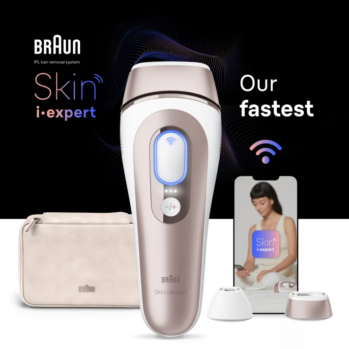 Centered IPL device, behind it a pouch, a mobile device with Skin i·expert app and two attachments