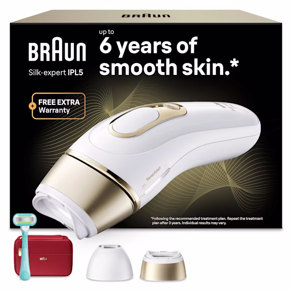 Braun Silk·expert Pro 5 with red pouch, Intimate head and SmartFlex head, Venus razor, and packaging front view behind rendering on white background. Braun Silk·expert Pro 5 with red pouch, Intimate head and SmartFlex head, Venus razor, and packaging front view behind rendering on white background.
