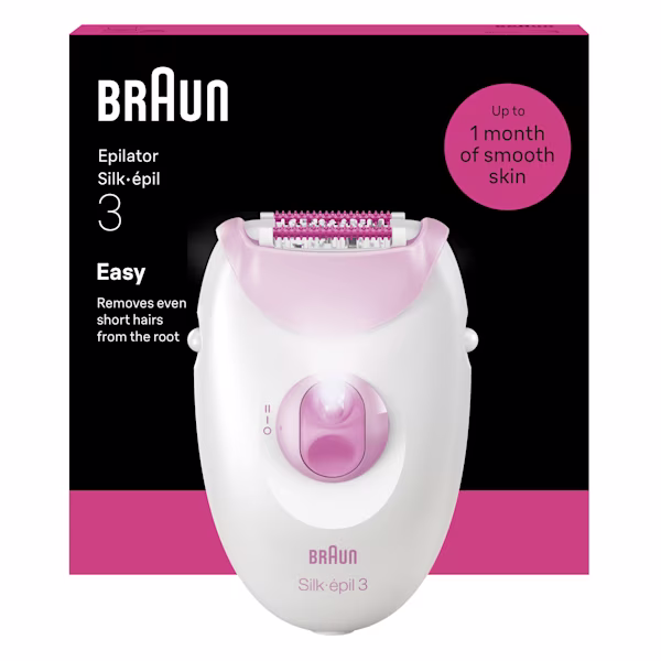 Silk·épil 3 epilator and packaging shot behind on white background. Silk·épil 3 epilator and packaging shot behind on white background.