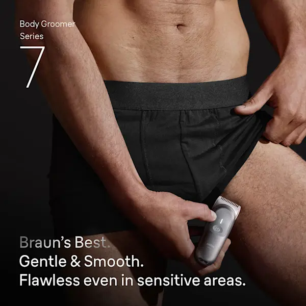 Medium shot of a man’s groin as he uses the Braun Body Groomer Series 7 on his inner thigh