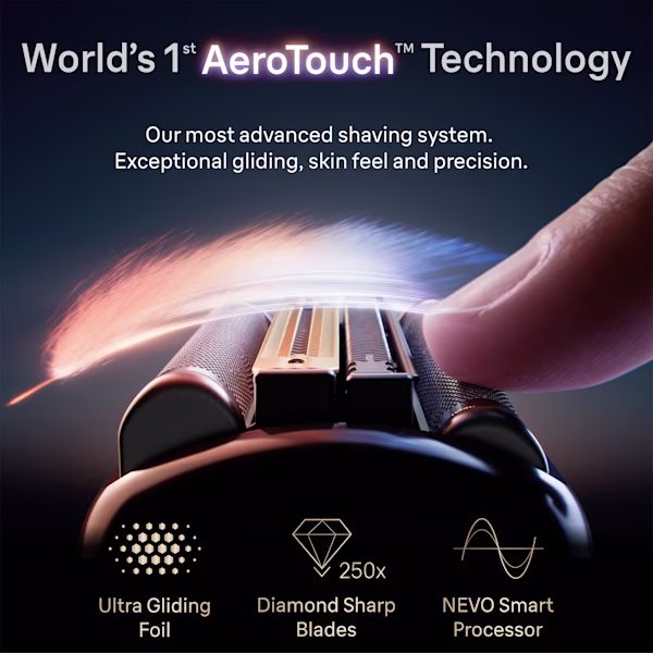 Finger touching Braun NEVO shaver head showcasing AeroTouch technology and other benefits. Finger touching Braun NEVO shaver head showcasing AeroTouch technology and other benefits.