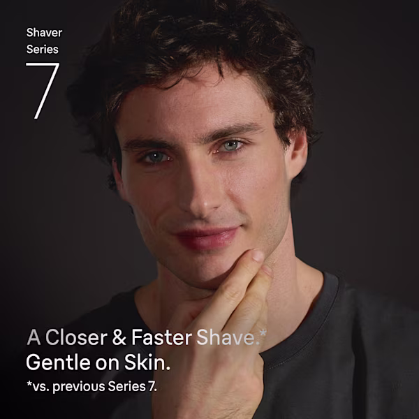 A smiling man with a shaved face. Text says: A closer and faster shave.