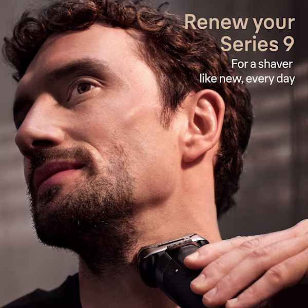 Man uses shaver on neck - Renew your Series 9 for a shaver like new every day Man uses shaver on neck - Renew your Series 9 for a shaver like new every day