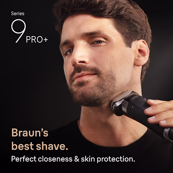 A man shaving with a Series 9 PRO+. Text reads: Braun's best shave. A man shaving with a Series 9 PRO+. Text reads: Braun's best shave.