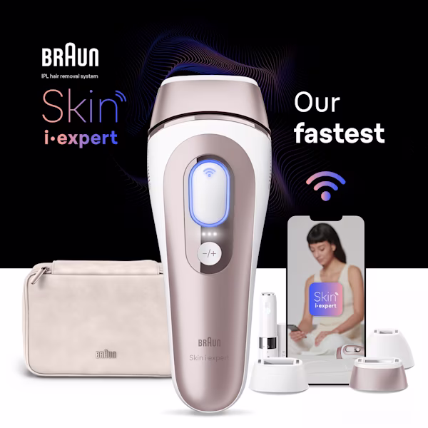 Centered IPL device, behind it a beige pouch, a mobile device with Skin i·expert app, three attachments and Mini Face Shaver