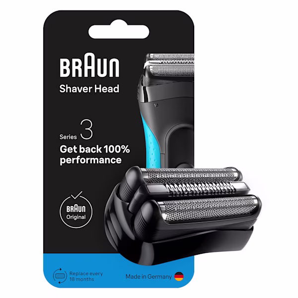 Braun Series 3 replacement shaver head packaging, with shaver head in front of it