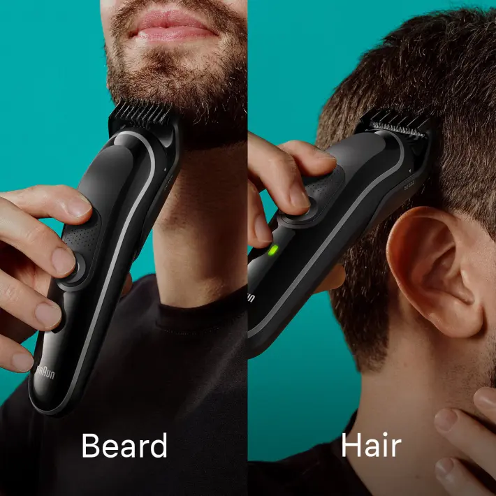 Man using product on beard. Man using product on hair.