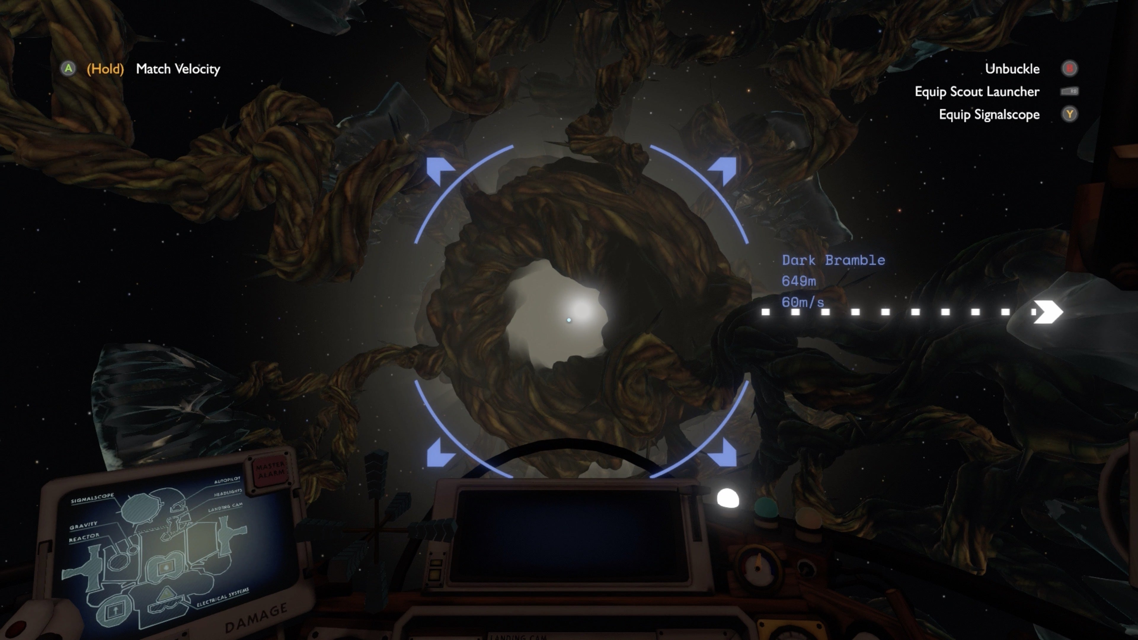 A forboding screenshot of Dark Bramble. It's a broken planet with thorns growing out of it.