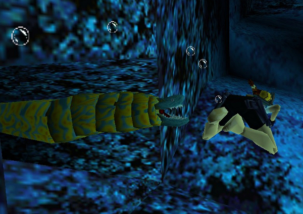 Lara Croft swimming away from an eel.