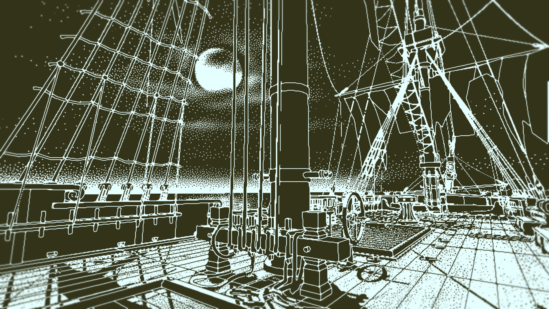 The deck of the Obra Dinn. The game has a mono colour art style.