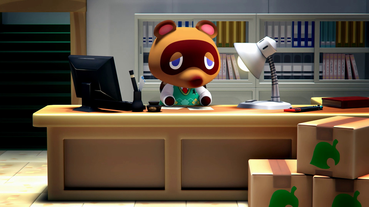 Tom Nook at his desk, hard at work