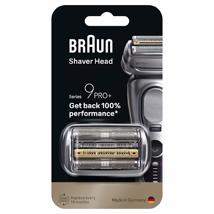 Braun Series 9 vervangende scheerkop in verpakking, herstelt 100% prestaties, gemaakt in Duitsland.