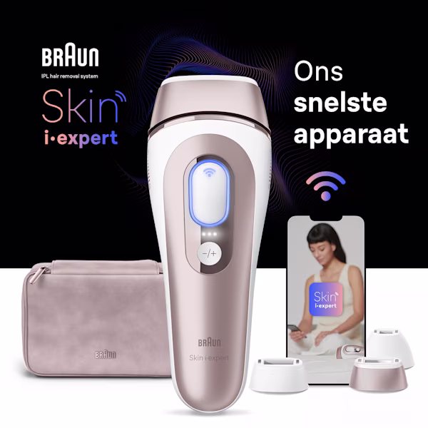 Gecentreerd IPL-apparaat, daarachter een beige etui, een mobiel apparaat met Skin i·expert app en drie opzetstukken Gecentreerd IPL-apparaat, daarachter een beige etui, een mobiel apparaat met Skin i·expert app en drie opzetstukken