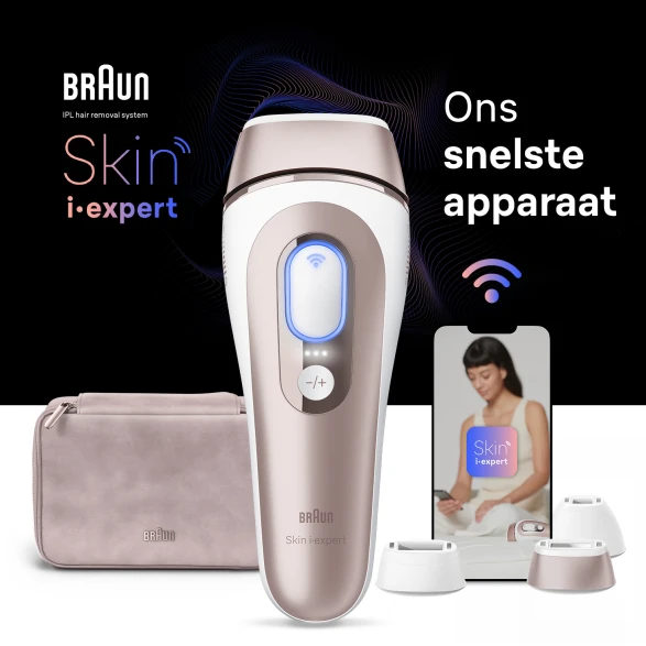 Gecentreerd IPL-apparaat, daarachter een beige etui, een mobiel apparaat met Skin i·expert app en drie opzetstukken