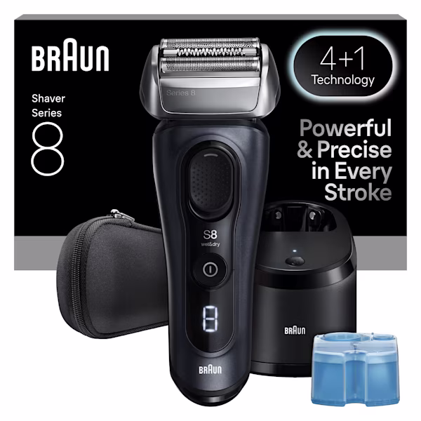 Braun Series 8 8663cc scheerapparaat met reisetui en 5-in-1 Smart Care reinigingsstation. Braun Series 8 8663cc scheerapparaat met reisetui en 5-in-1 Smart Care reinigingsstation.